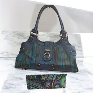 Sharif Blue Green Leather Purse + Vera Bradley Eyeglass Case Cobalt Cerulean EUC